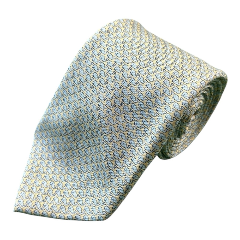 Vineyard Vines Yellow Light Blue Whale AOP Silk Men's Tie 3.5 Inch Width